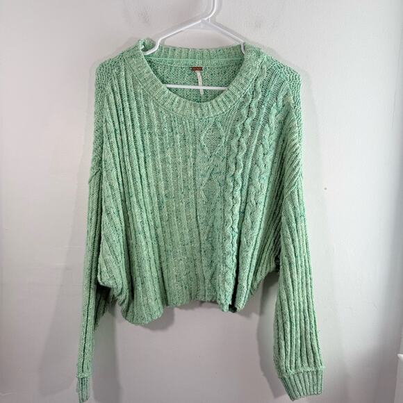 Free People Green On Your Side Cable Knit Cropped Boxy Pullover Sweater Small - Picture 2 of 16